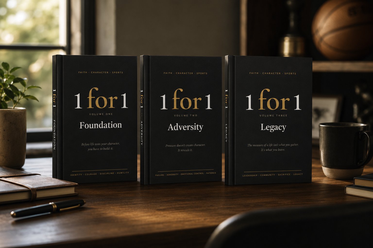 The 1 for 1 Collection — three keepsake volumes, Foundation, Adversity and Legacy, standing on a table