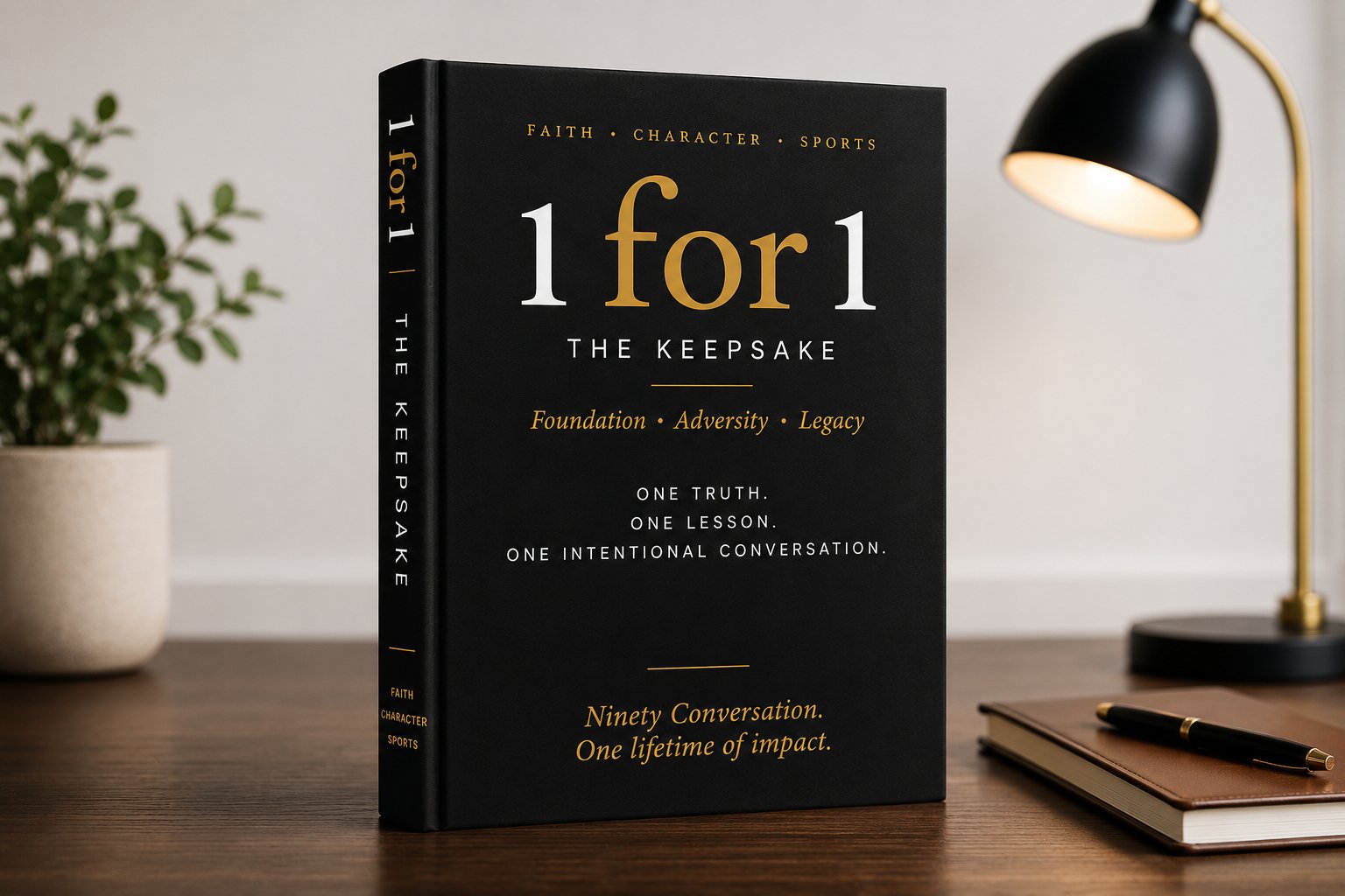 The 1 for 1 Journey — the keepsake book on a desk